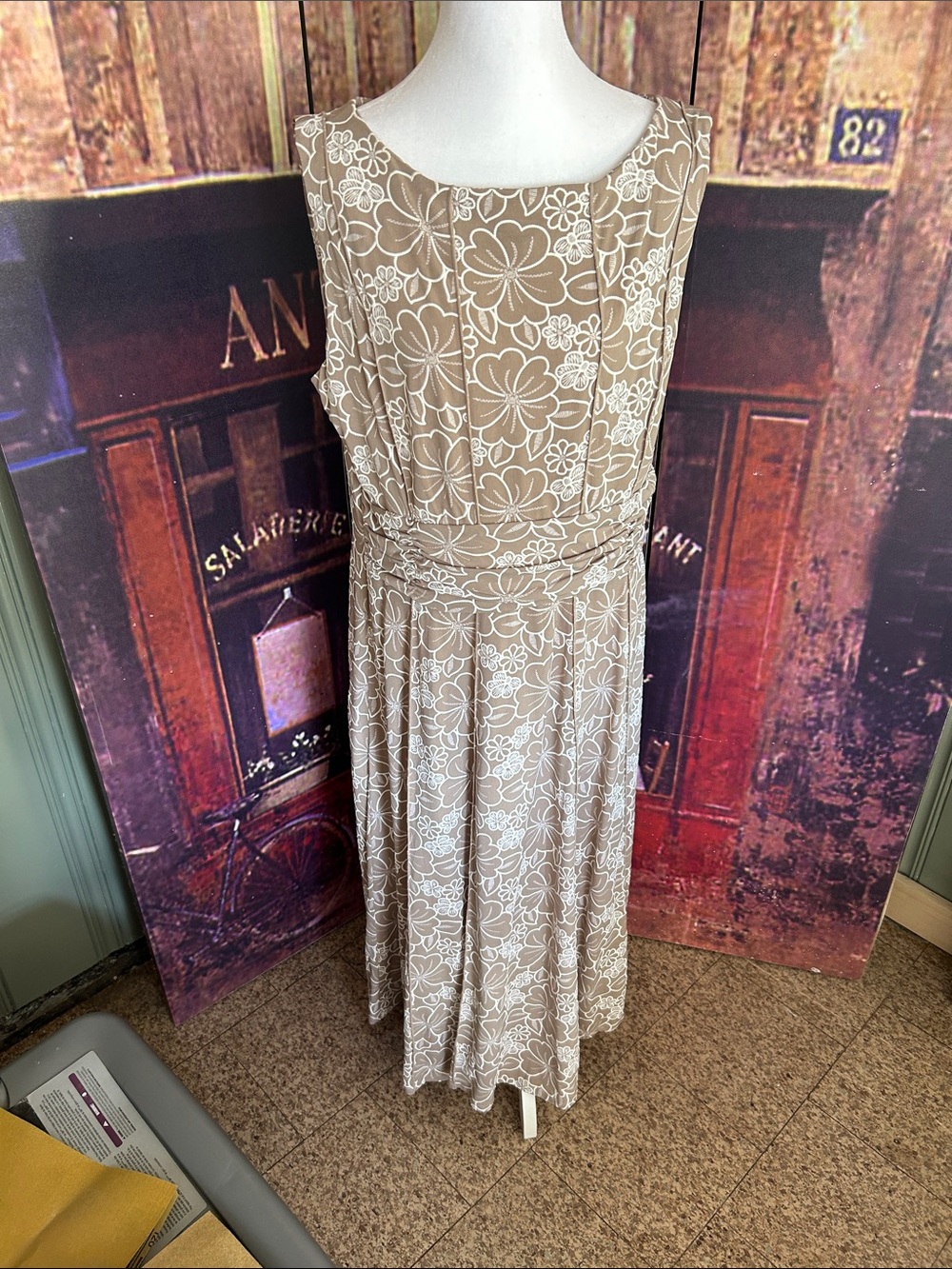 Perceptions Beige  Dress with White Floral Print
